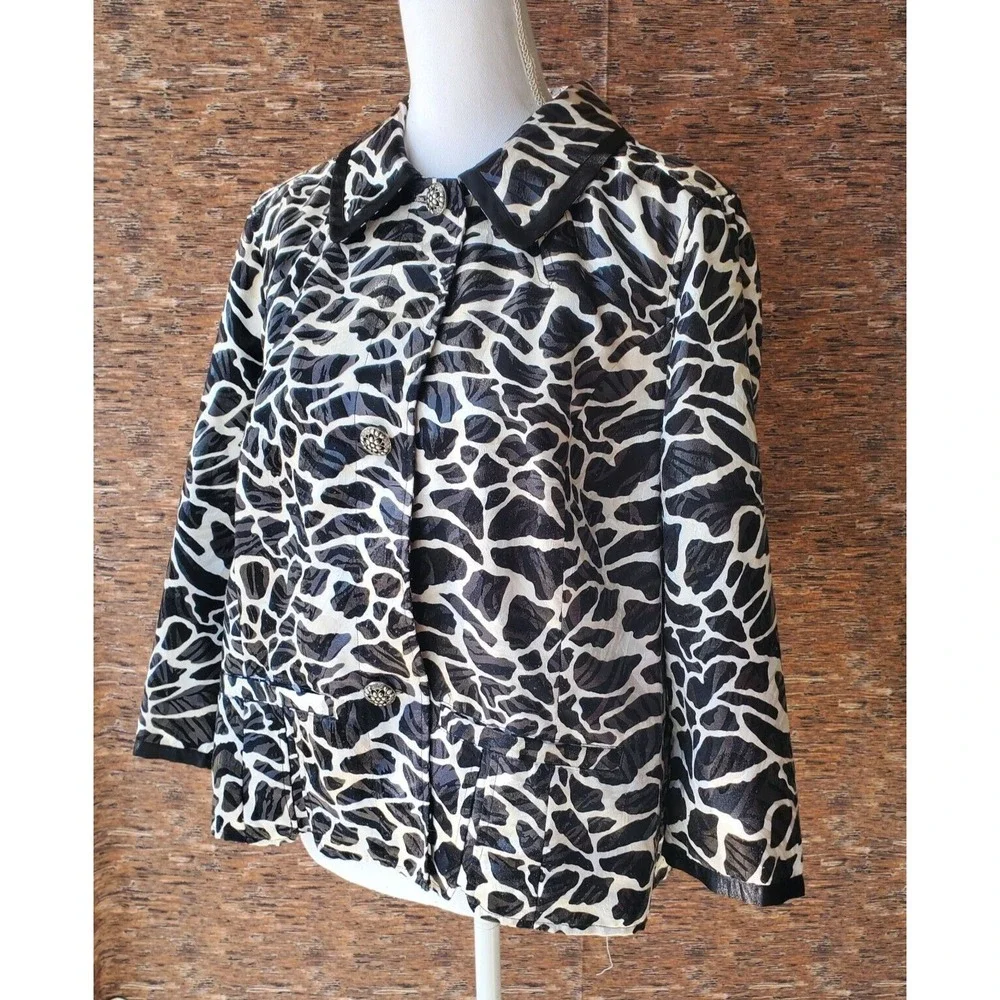 Chicos 2 Seema Jacket Womens Large Black White Stony‎ Path 3/4 Sleeve
